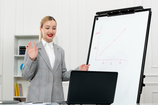 Teacher in Suit Saying Goodbye in Classroom with Computer and Whiteboard