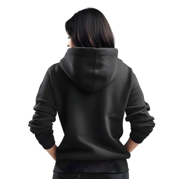 Back View of a Young Woman in Black Hoodie isolated on White Background