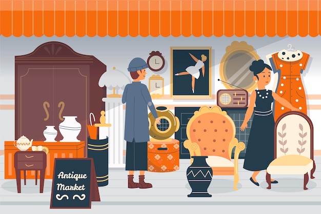 Flat Antique Market Illustration with Various Objects