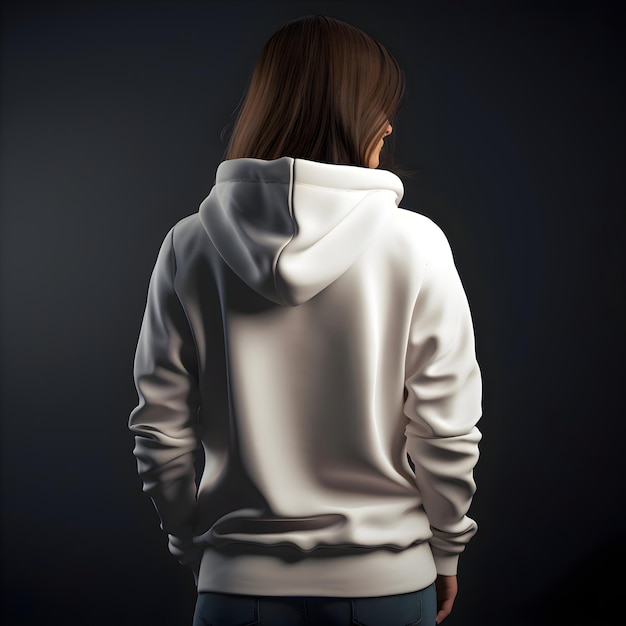 White Hoodie Mockup: Back view of Woman on Dark Background