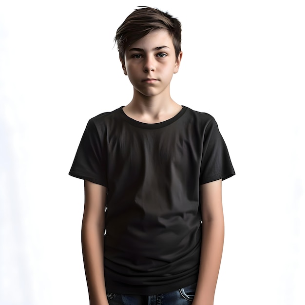 Portrait of a teenage boy in black t shirt on white background