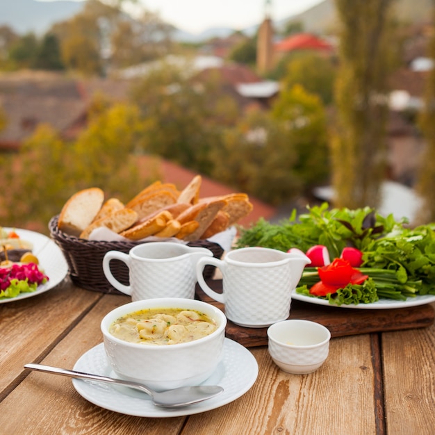 Delicious Soup Meal in a Bowl with Village Background – Free Stock Photo Download