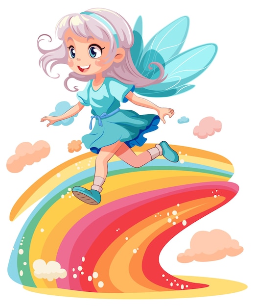 Cute Fairy Cartoon Walking on Rainbow