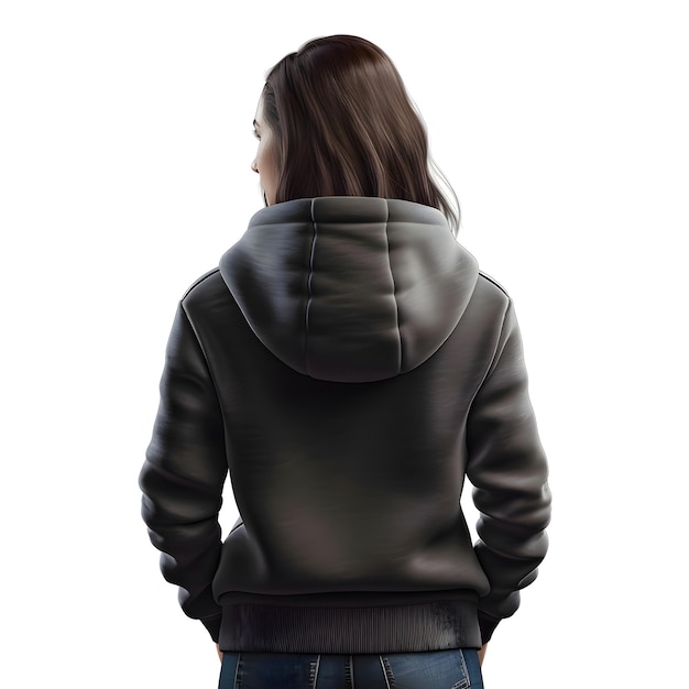 Back View of Woman in Black Leather Jacket on White Background