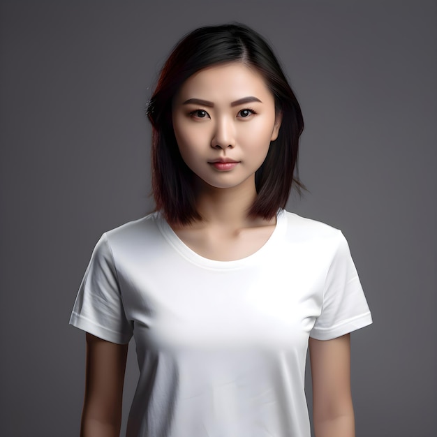 Asian Woman in White T-Shirt on Grey Background