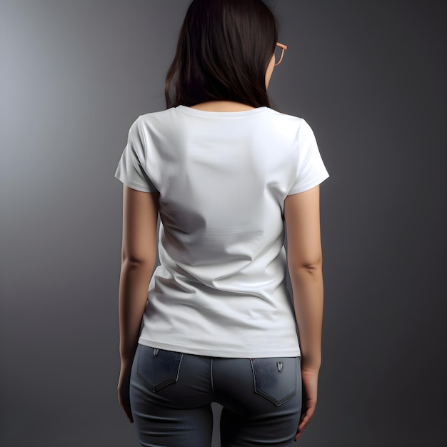 Back view of woman in blank white t shirt on grey background