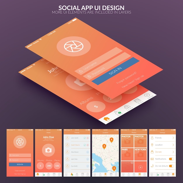 Vector Templates: UI Design Concept for Social Mobile Application – Free Download