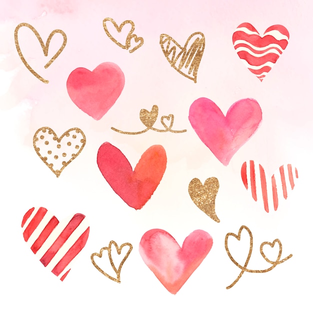 Watercolor Heart Icons Illustration Set