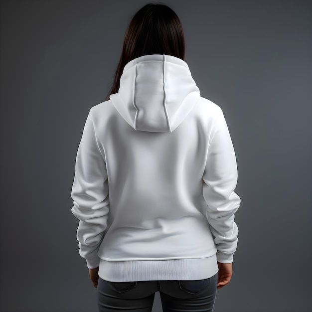 Back view of woman in white hoodie on grey background – Free Download