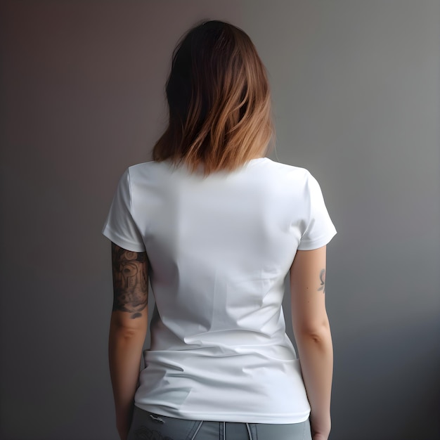 Tattooed Woman in White T-Shirt on Grey Background