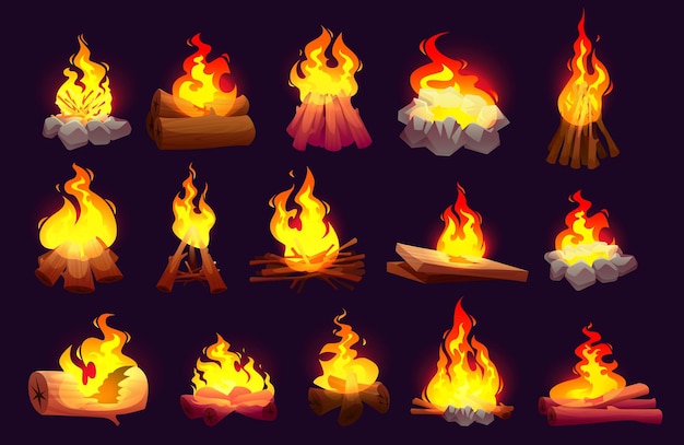 Burning Fire Flames, Campfire with Logs and Woods Vector Template