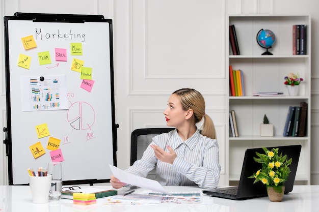 Smart and Cute Business Lady in Striped Shirt in Office Looking at White Board – Free Stock Photo Download