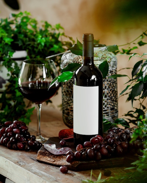 A glass of red wine and a bottle of red wine with red grapes – Free Stock Photos for Download