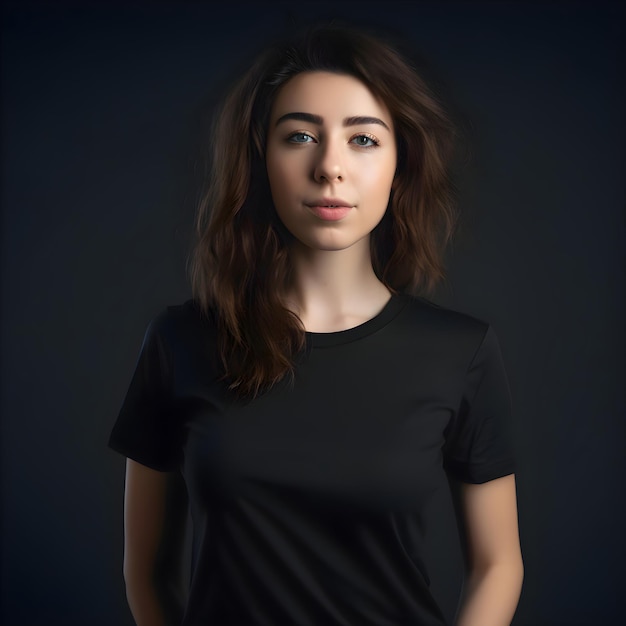 Portrait of beautiful young woman in black t shirt on dark background