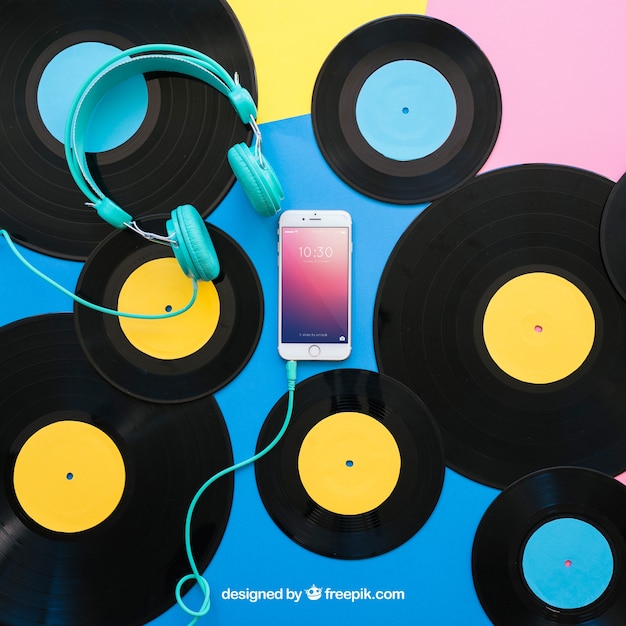 Vinyl Mockup with Headphones and Smartphone