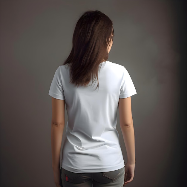 Back view of young woman in blank white t shirt on grey background