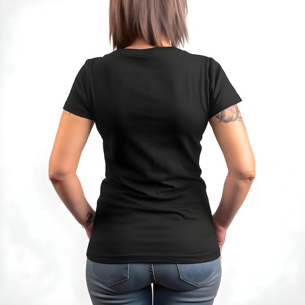 Woman in Blank Black T-shirt Back View on White Background