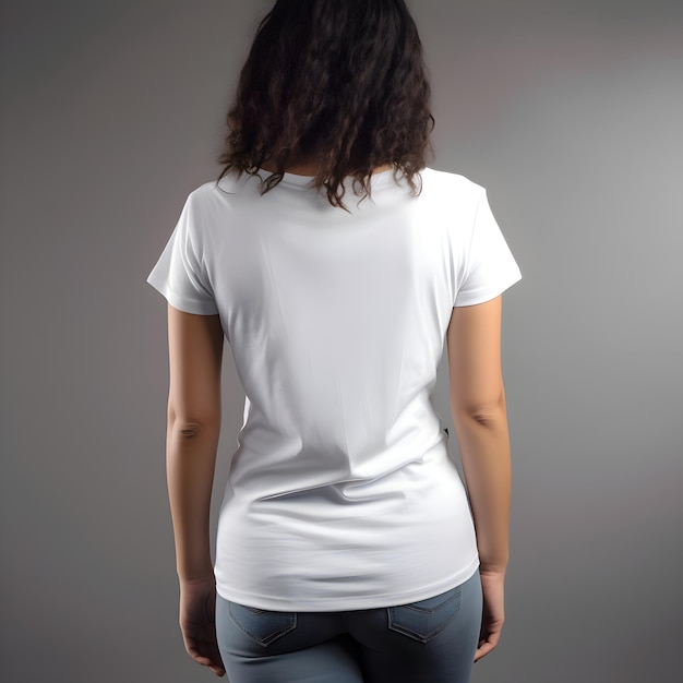 Back view of woman in blank white t shirt on grey background