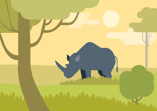 Rhino Flat Cartoon in Savanna Vector Template