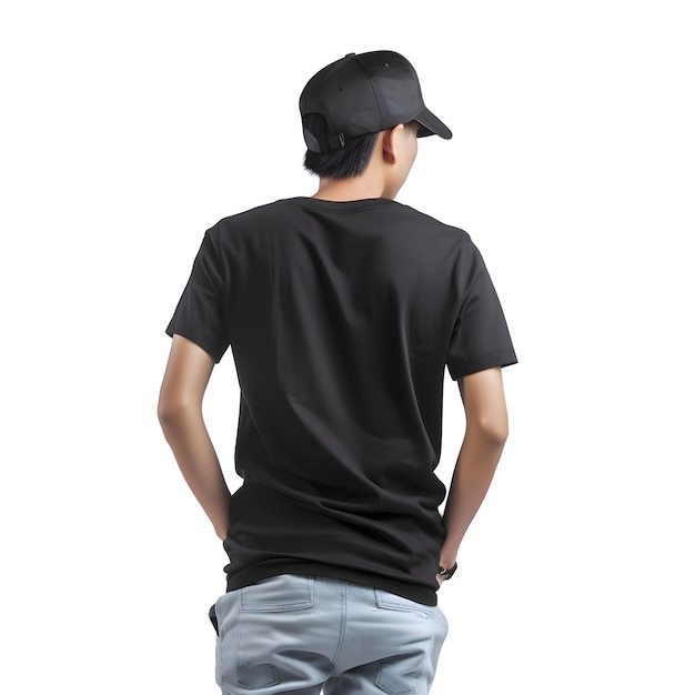 Back View of Young Man in Black T-Shirt and Cap Isolated on White Background