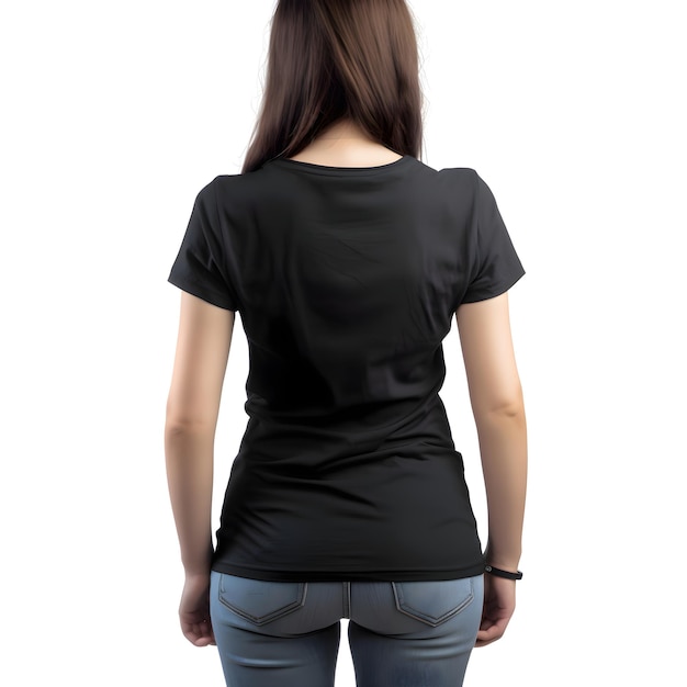 Back view of woman in blank black t-shirt isolated on white background