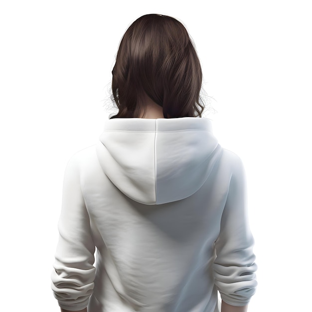 Rear view of young woman in white hoodie on white background