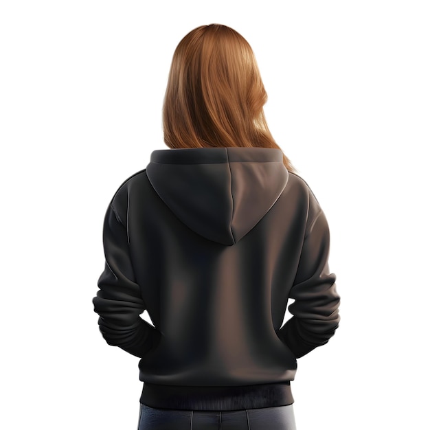 Back view of young woman in black leather jacket isolated on white background