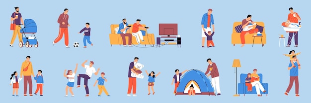 Fathers and Kids Doing Various Activities Together: Flat Vector Set