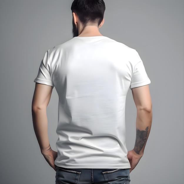 Man in white t-shirt from behind on grey background