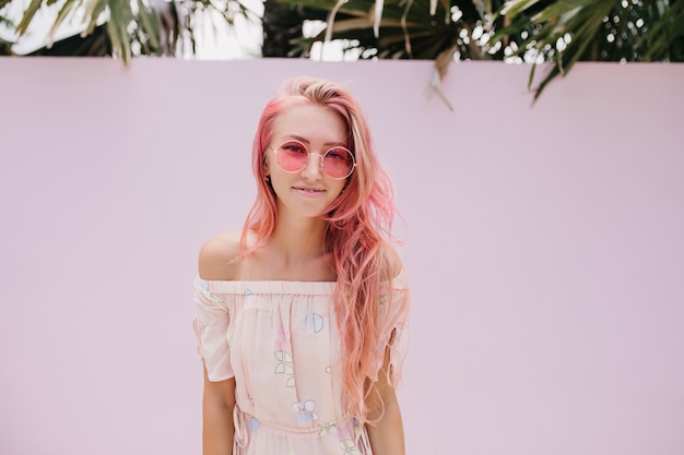 Beautiful Woman with Long Pink Hair and Gentle Smile