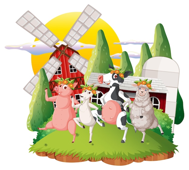 Happy Animals in Farm Cartoon