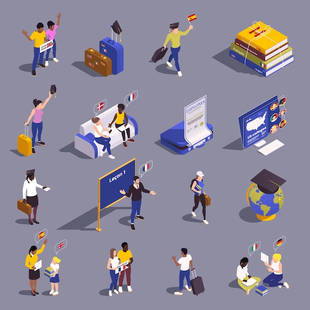 Global Education Student Exchange Isometric Set with Young Human Characters and Learning Materials Vector Illustration