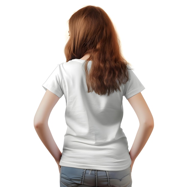 Back view of woman in blank white t-shirt isolated on white