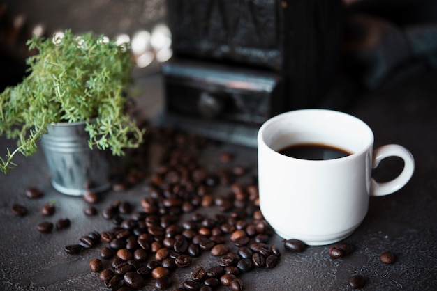 Coffee Cup Close-up with Roasted Beans