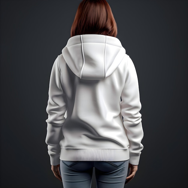 Female model in white hoodie on dark background mockup for design