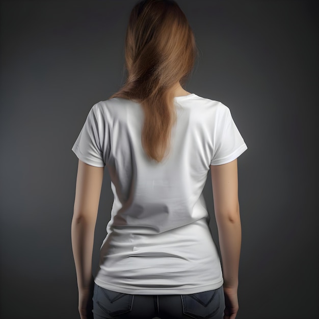 Back view of woman in blank white t-shirt on grey background