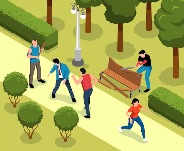 Vandals in City Park Isometric Illustration – Free Download Vector Illustration