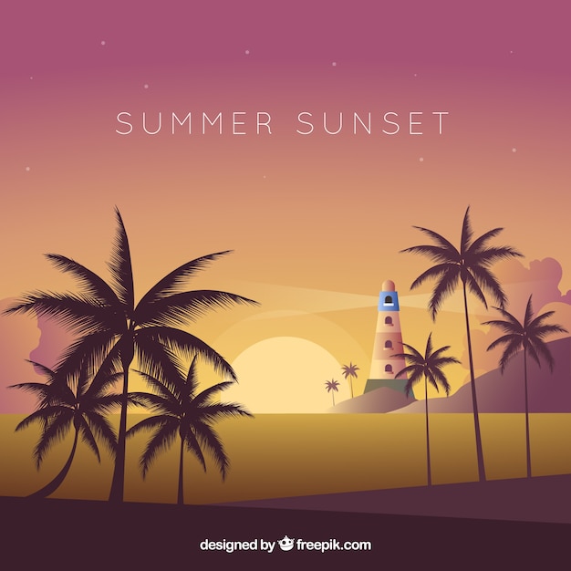 Flat sunset background with palm trees