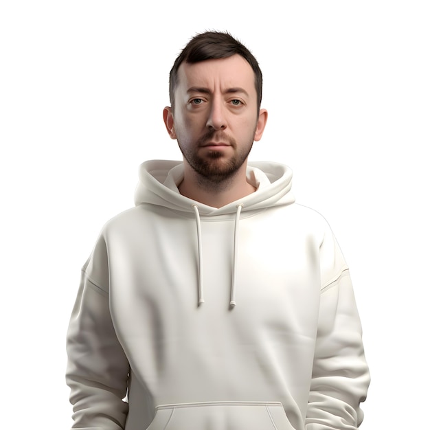 Portrait of a young man in a white hoodie on a white background