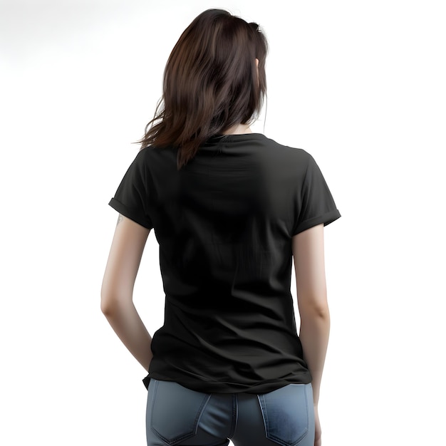 Back view of woman in blank black t-shirt isolated on white background