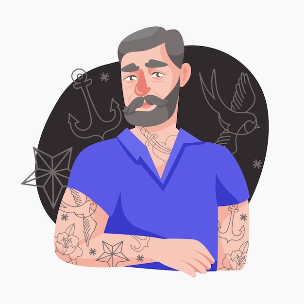 Vector Illustration of a Tattooed Elderly Person