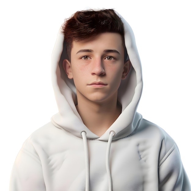 Portrait of a Young Man in a White Hoodie on a White Background