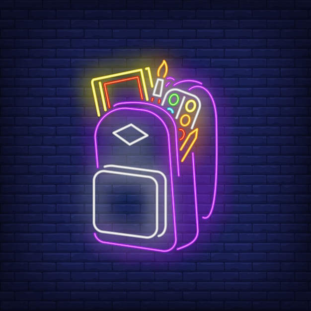 Backpack with artist’s materials neon sign