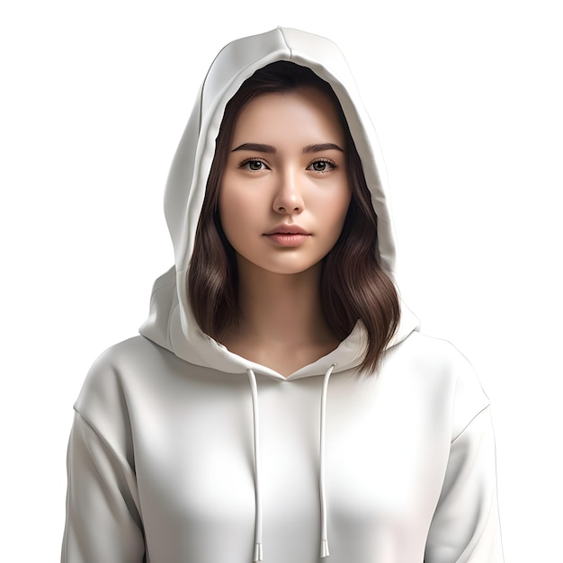 Portrait of beautiful asian woman in white hoodie on white background