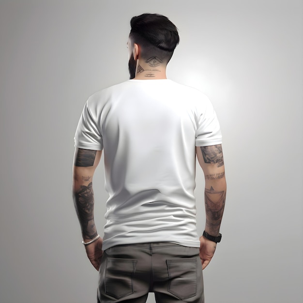 Tattooed man in white t shirt on grey background