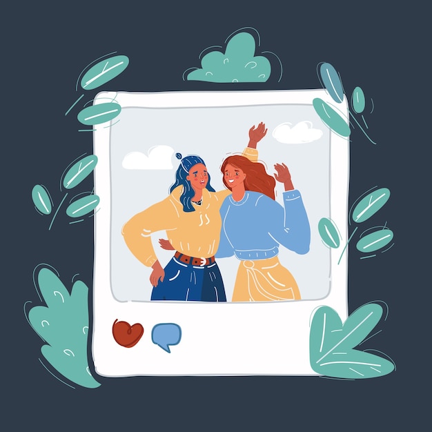 Women Hugging Together in Social Media Selfie – Cartoon Vector Illustration