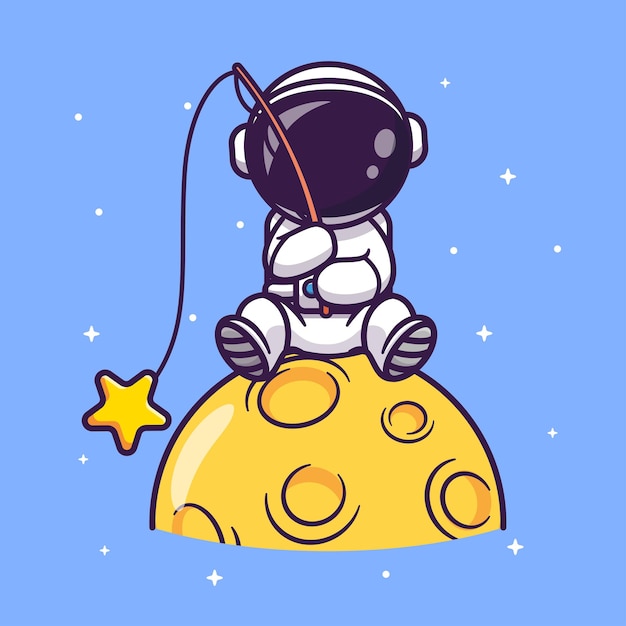 Cute Astronaut Fishing Star On Moon Cartoon Vector Icon Illustration Science Technology Isolated