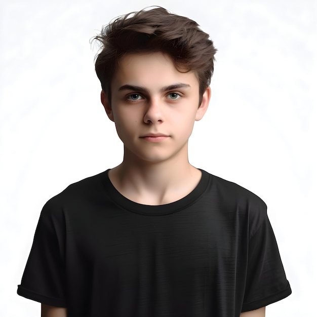 Male Model Portrait in Black T-shirt Against White Background