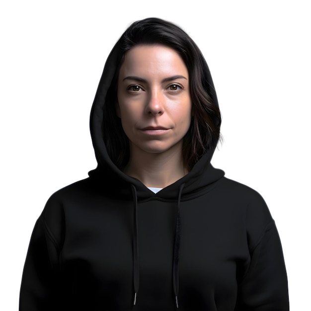 Young woman in black hoodie with serious expression on white background