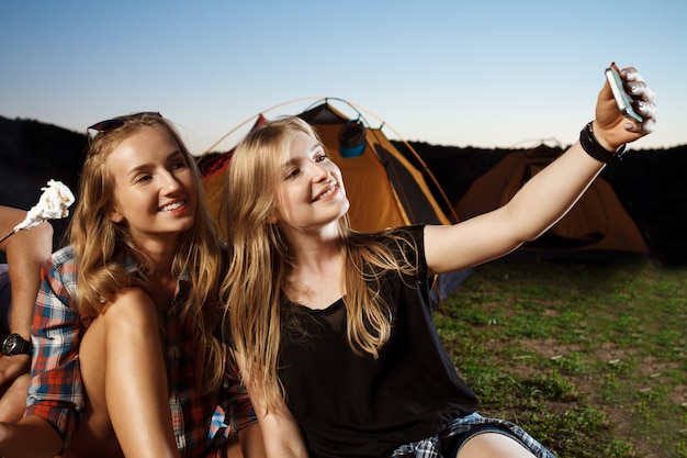 Beautiful Blonde Woman Smiling, Making Selfie Camping Grill Marshmallow